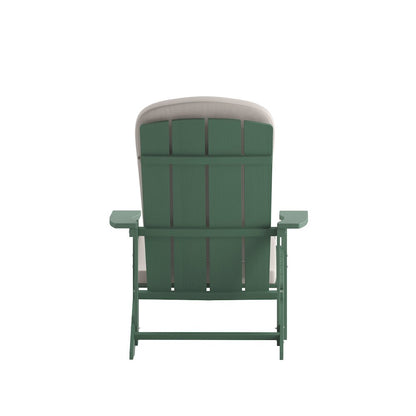 Set of 2 Adirondack Chairs in Green with Cream Cushions, Porch, and Patio