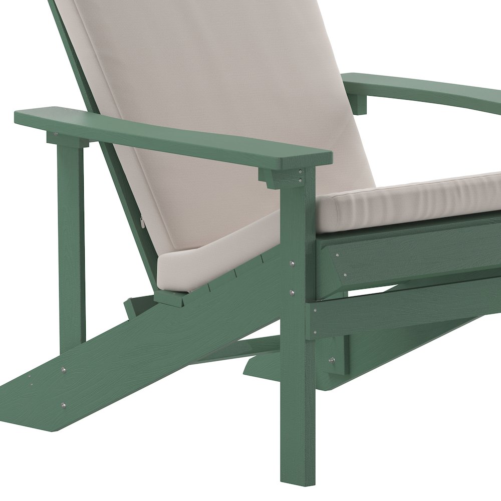 Set of 2 Adirondack Chairs in Green with Cream Cushions, Porch, and Patio