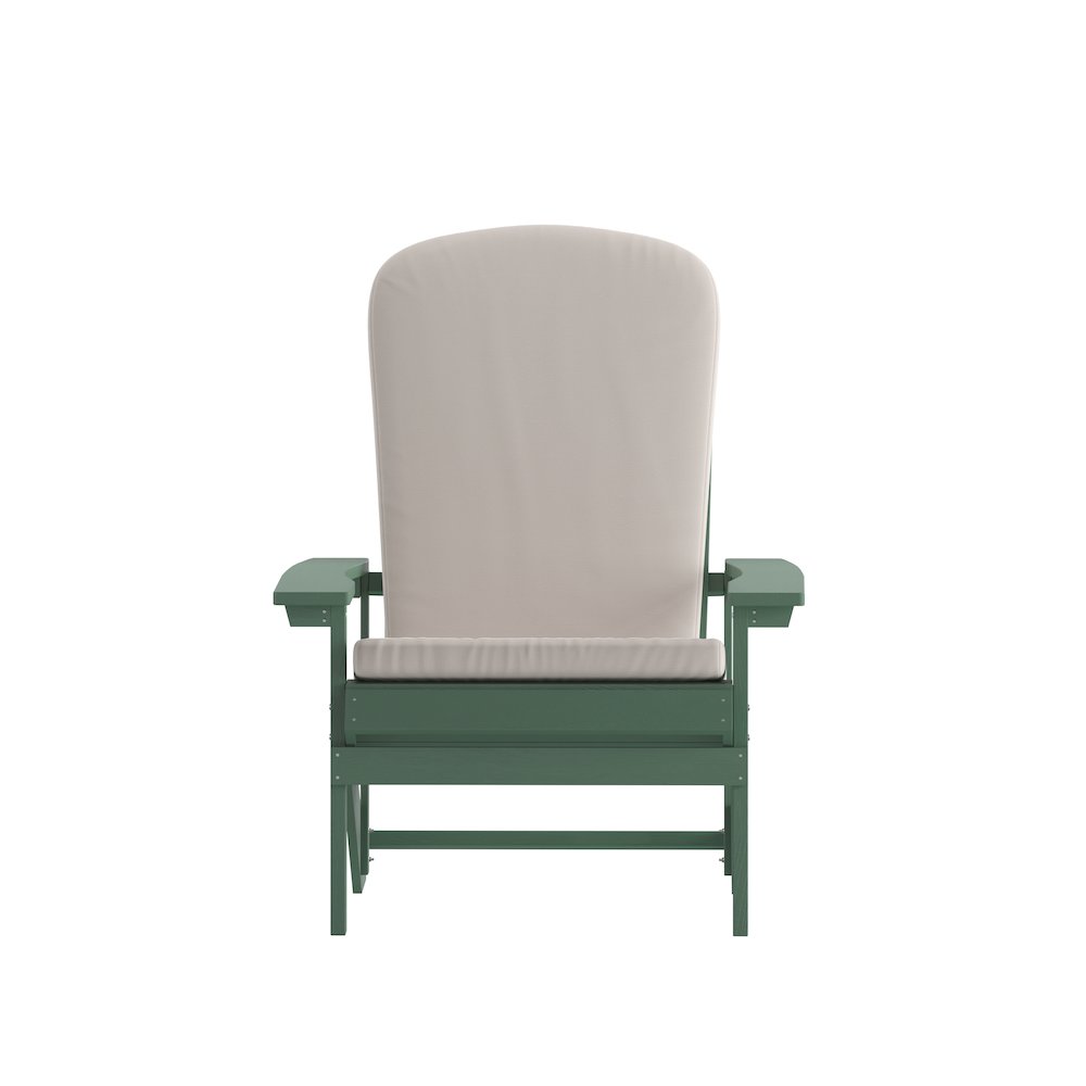 Set of 2 Adirondack Chairs in Green with Cream Cushions, Porch, and Patio