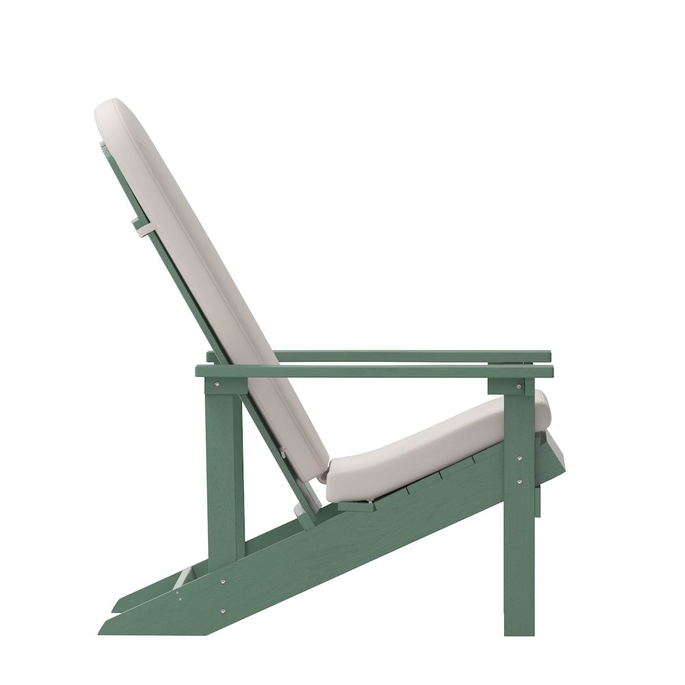 Set of 2 Adirondack Chairs in Green with Cream Cushions, Porch, and Patio
