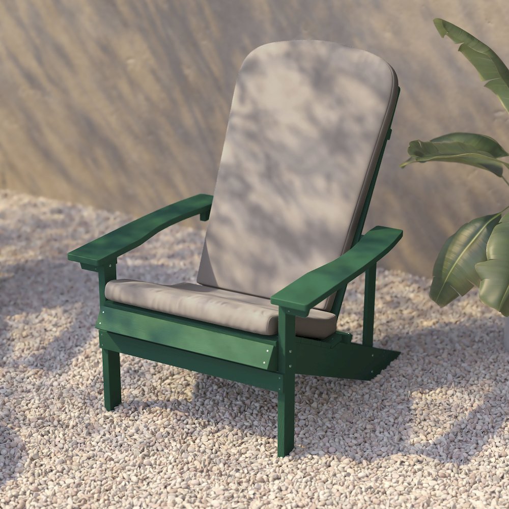 Set of 2 Adirondack Chairs in Green with Cream Cushions, Porch, and Patio