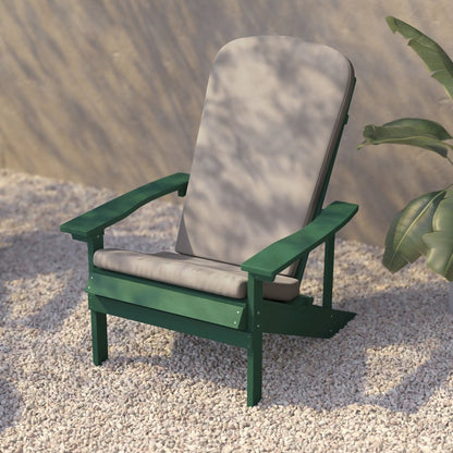 Set of 2 Adirondack Chairs in Green with Cream Cushions, Porch, and Patio