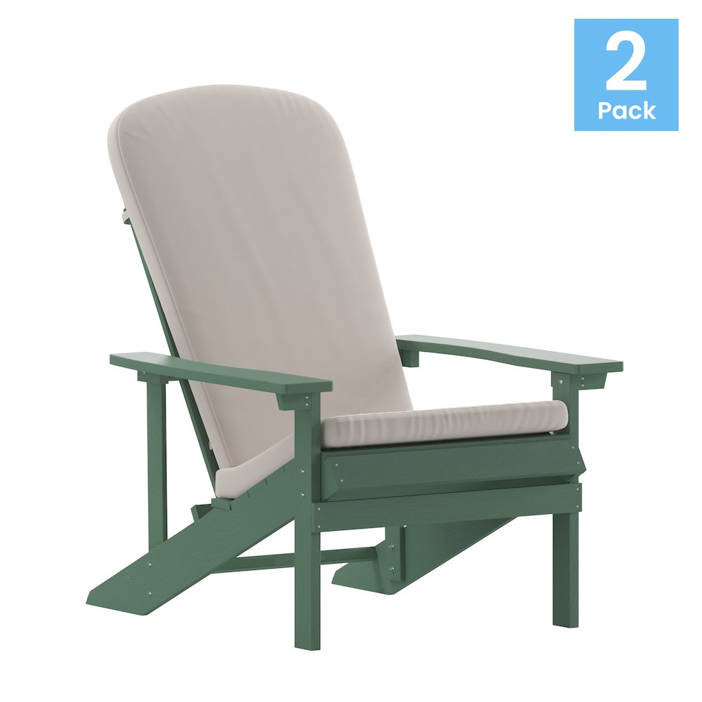 Set of 2 Adirondack Chairs in Green with Cream Cushions, Porch, and Patio
