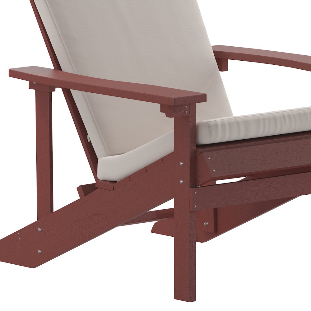 Set of 2 Adirondack Chairs in Red with Cream Cushions for Deck, Porch, and Patio