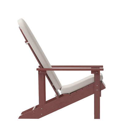 Set of 2 Adirondack Chairs in Red with Cream Cushions for Deck, Porch, and Patio