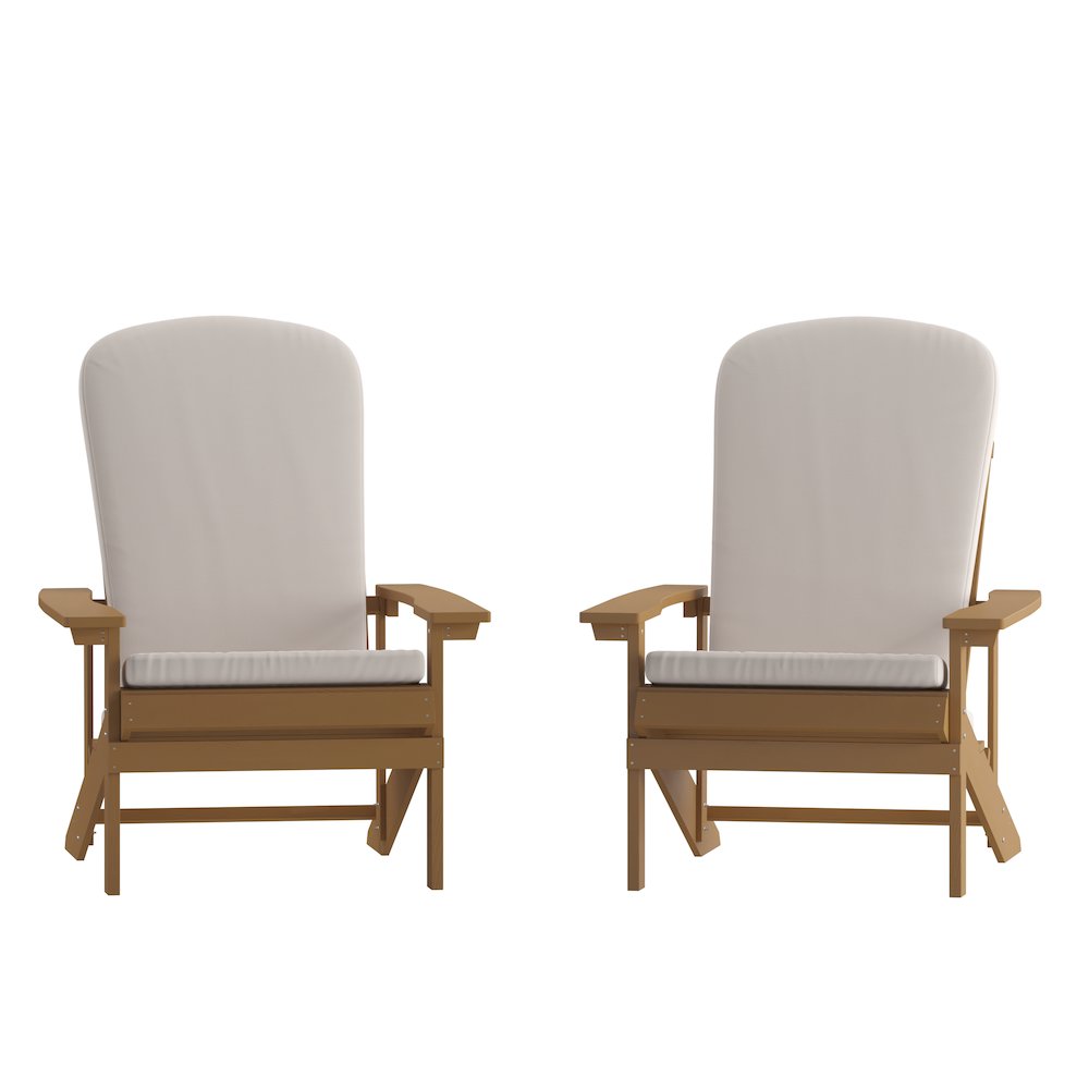 Set of 2 Adirondack Chairs in Teak with Cream Cushions, Porch, and Patio