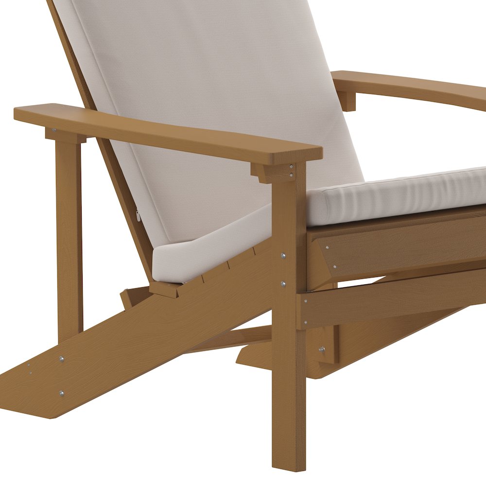Set of 2 Adirondack Chairs in Teak with Cream Cushions, Porch, and Patio