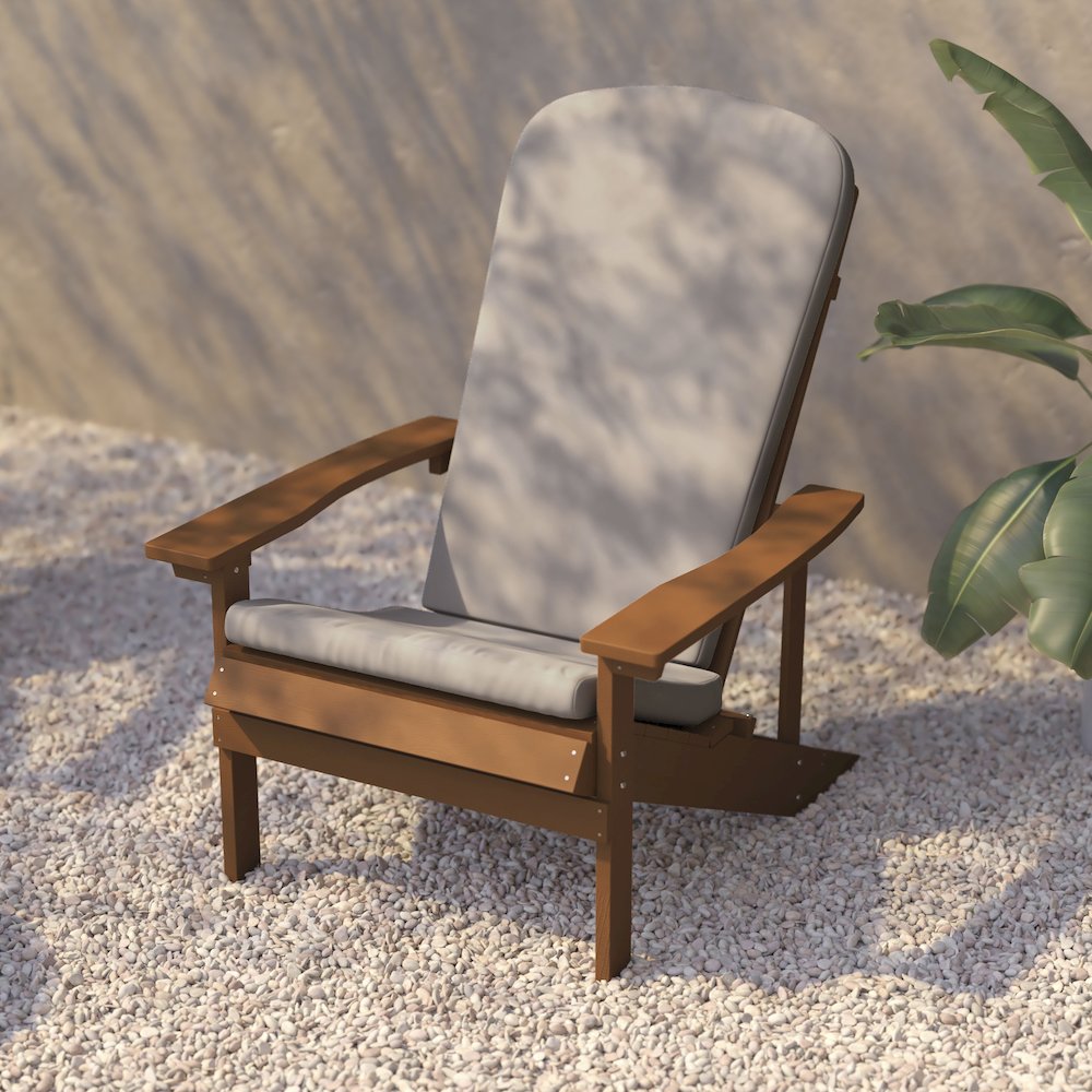 Set of 2 Adirondack Chairs in Teak with Cream Cushions, Porch, and Patio