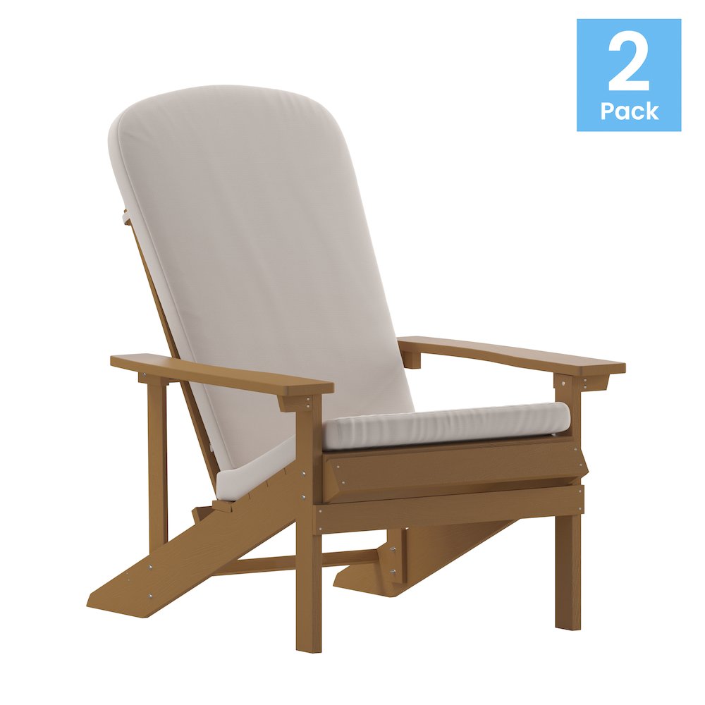 Set of 2 Adirondack Chairs in Teak with Cream Cushions, Porch, and Patio