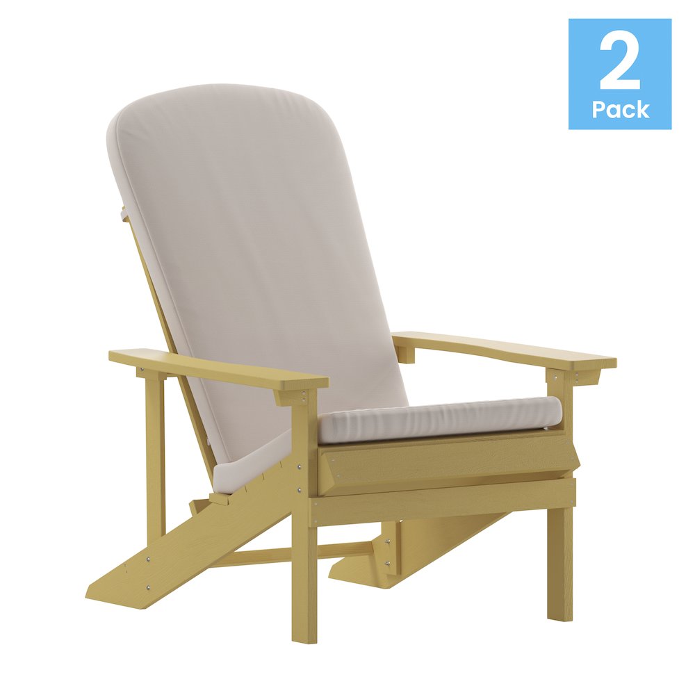 Set of 2 Adirondack Chairs in Yellow with Cream Cushions, Porch, and Patio