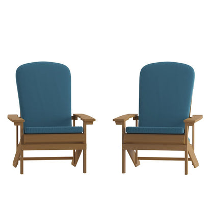 Set of 2 Adirondack Chairs in Teak with Teal Cushions for Deck, Porch, and Patio