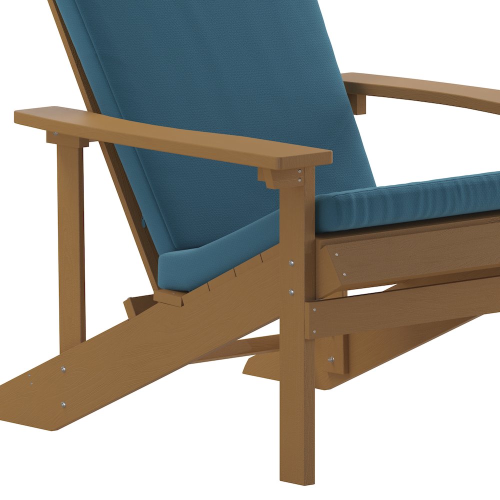 Set of 2 Adirondack Chairs in Teak with Teal Cushions for Deck, Porch, and Patio