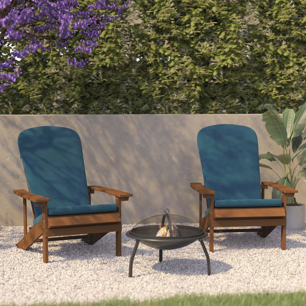 Set of 2 Adirondack Chairs in Teak with Teal Cushions for Deck, Porch, and Patio