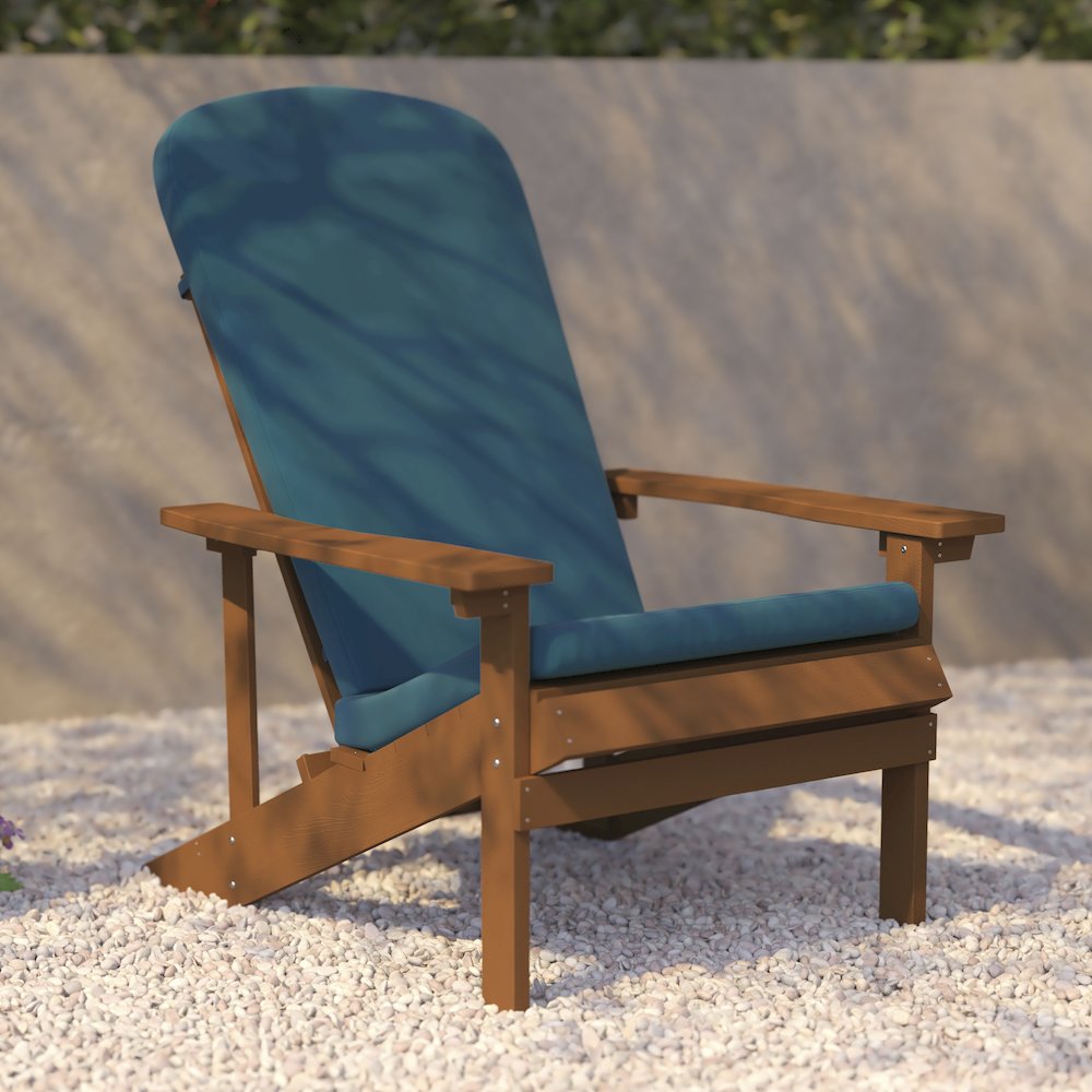 Set of 2 Adirondack Chairs in Teak with Teal Cushions for Deck, Porch, and Patio