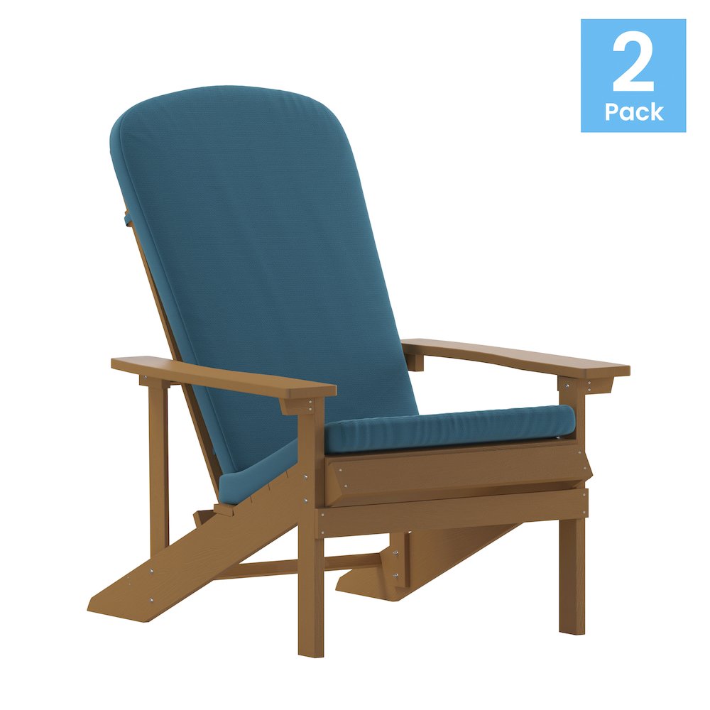 Set of 2 Adirondack Chairs in Teak with Teal Cushions for Deck, Porch, and Patio