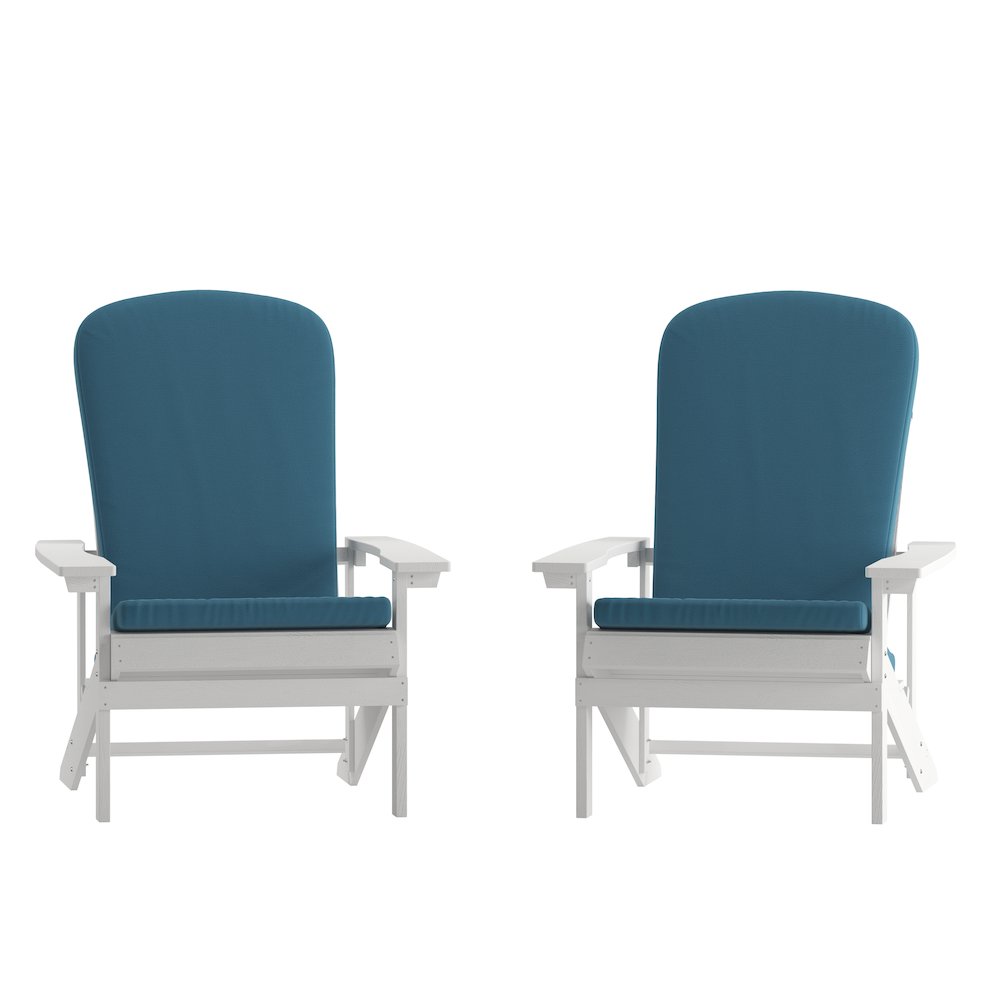 Set of 2 Adirondack Chairs in White with Teal Cushions, Porch, and Patio