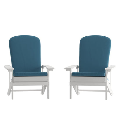 Set of 2 Adirondack Chairs in White with Teal Cushions, Porch, and Patio