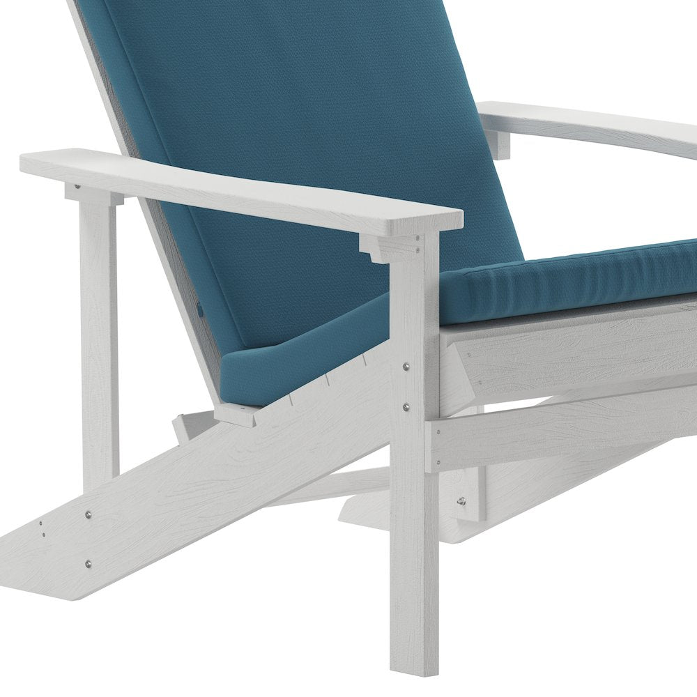Set of 2 Adirondack Chairs in White with Teal Cushions, Porch, and Patio