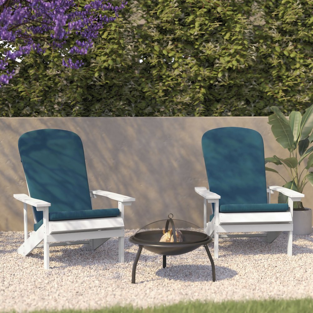 Set of 2 Adirondack Chairs in White with Teal Cushions, Porch, and Patio