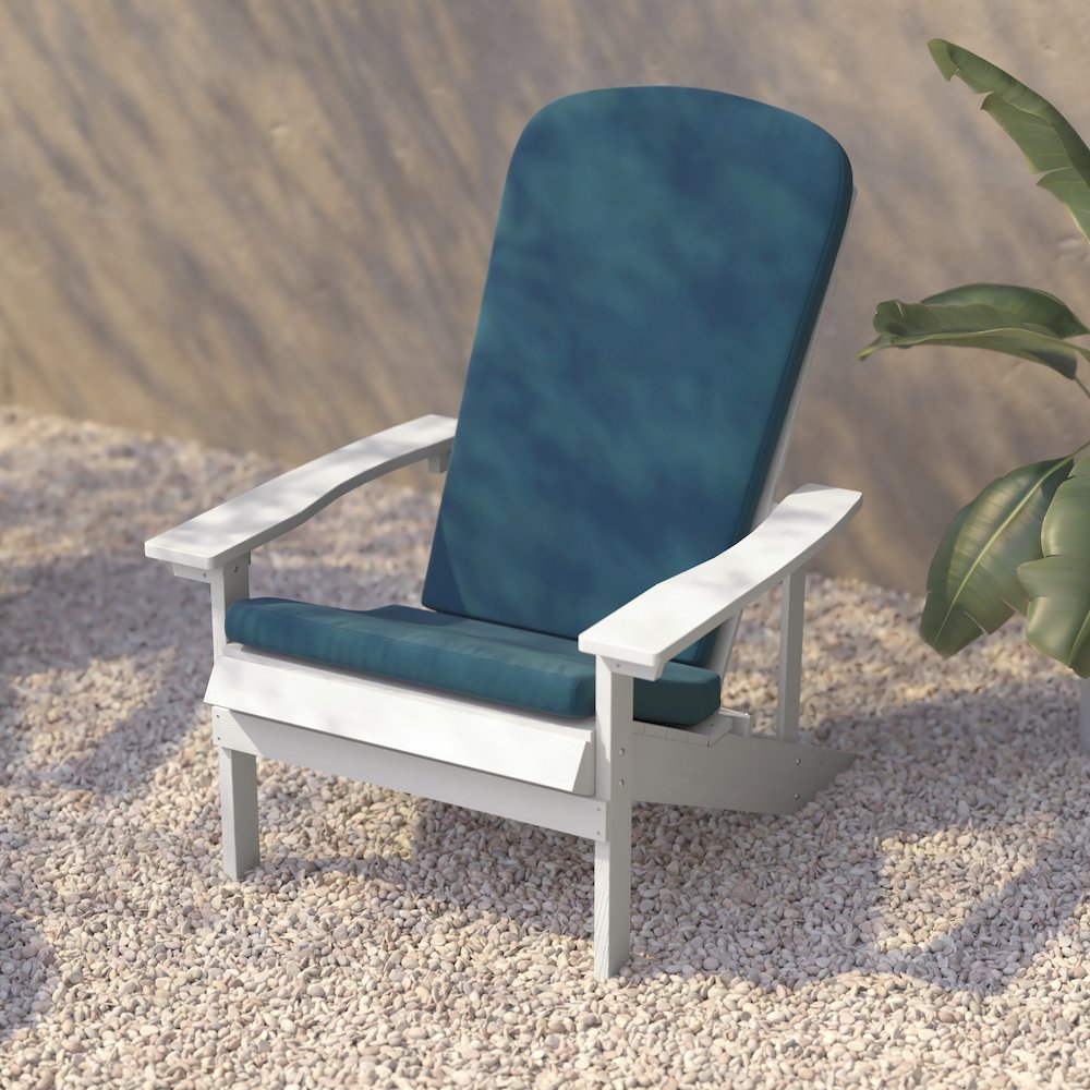 Set of 2 Adirondack Chairs in White with Teal Cushions, Porch, and Patio