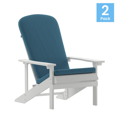 Set of 2 Adirondack Chairs in White with Teal Cushions, Porch, and Patio
