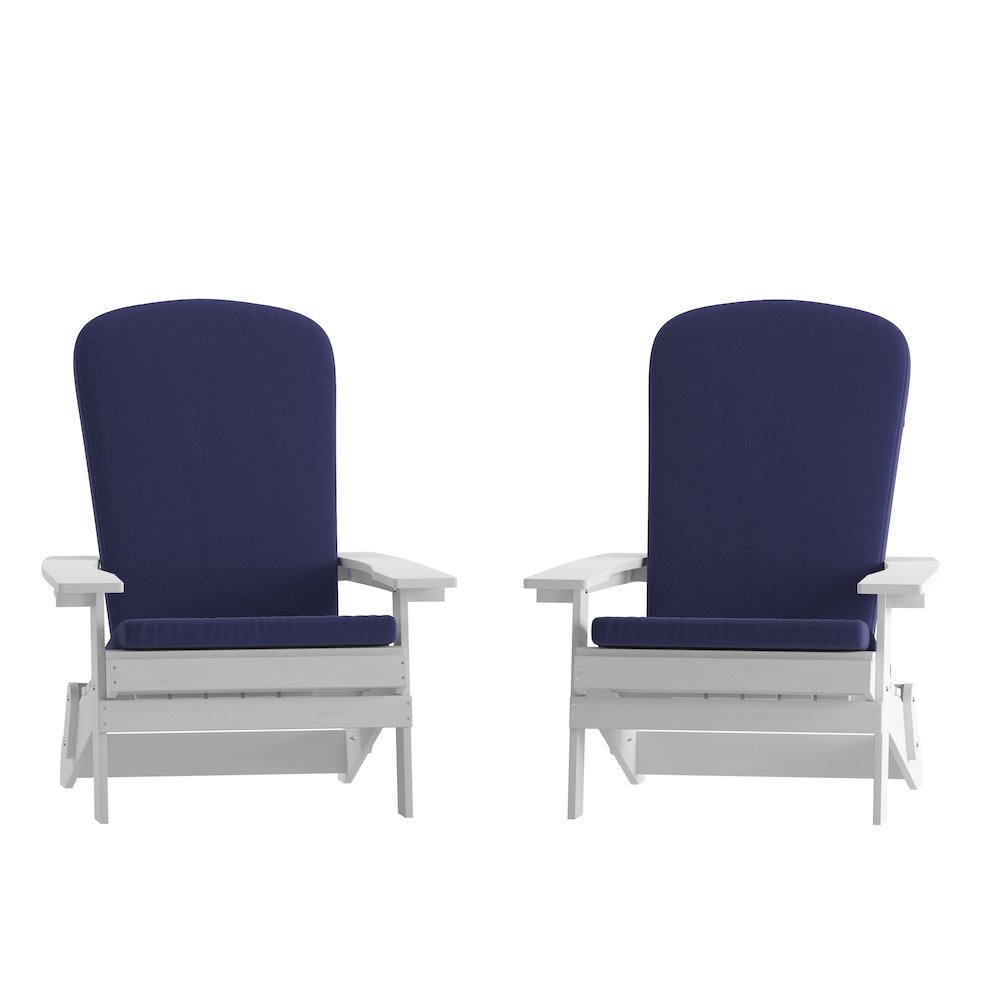 Set of 2Folding Adirondack Chairs in White with Blue Cushions, Porch, and Patio