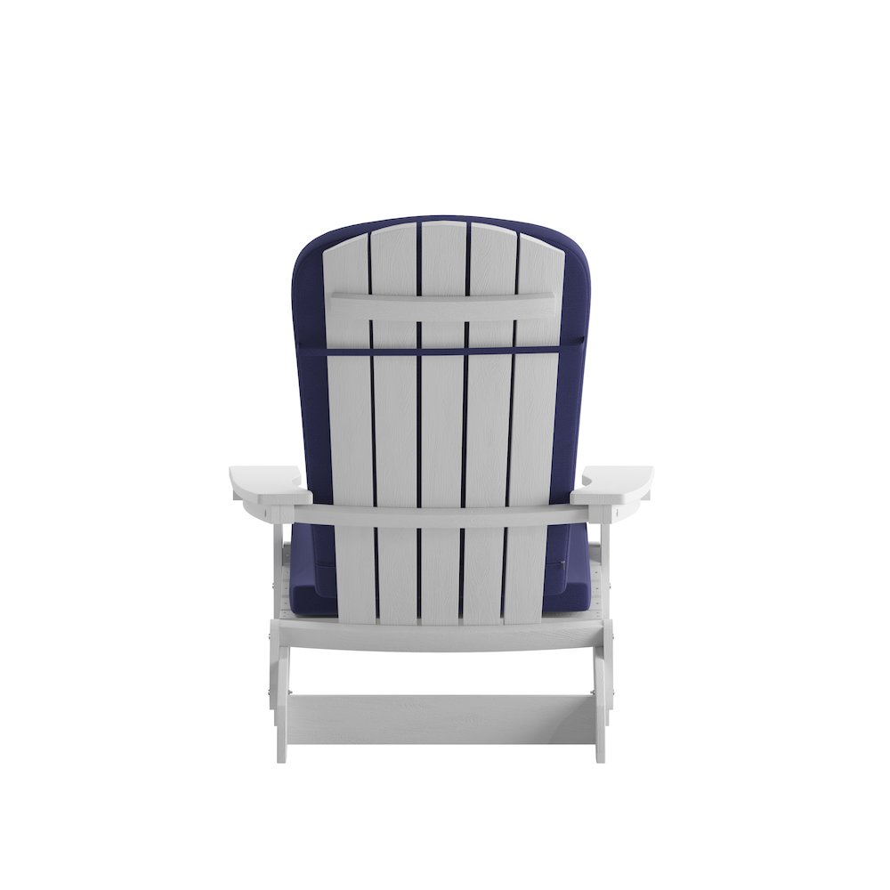 Set of 2Folding Adirondack Chairs in White with Blue Cushions, Porch, and Patio
