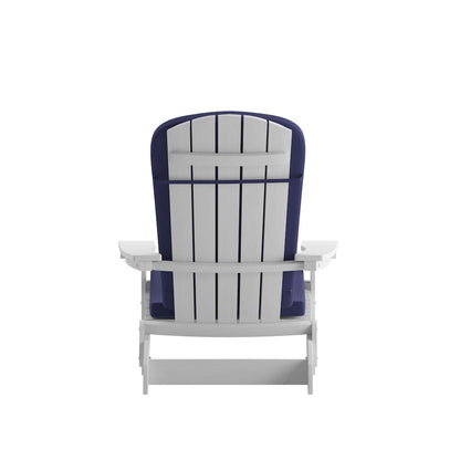 Set of 2Folding Adirondack Chairs in White with Blue Cushions, Porch, and Patio