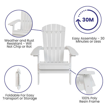Set of 2Folding Adirondack Chairs in White with Blue Cushions, Porch, and Patio