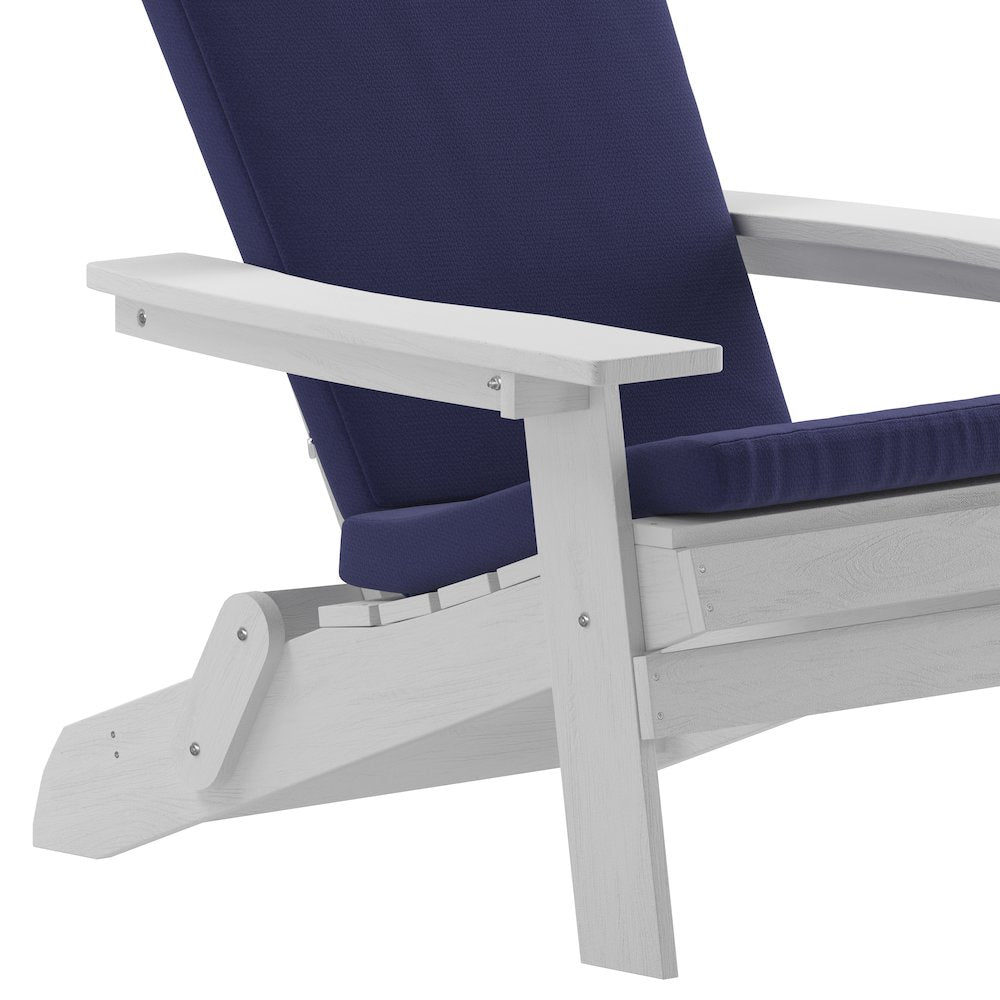 Set of 2Folding Adirondack Chairs in White with Blue Cushions, Porch, and Patio