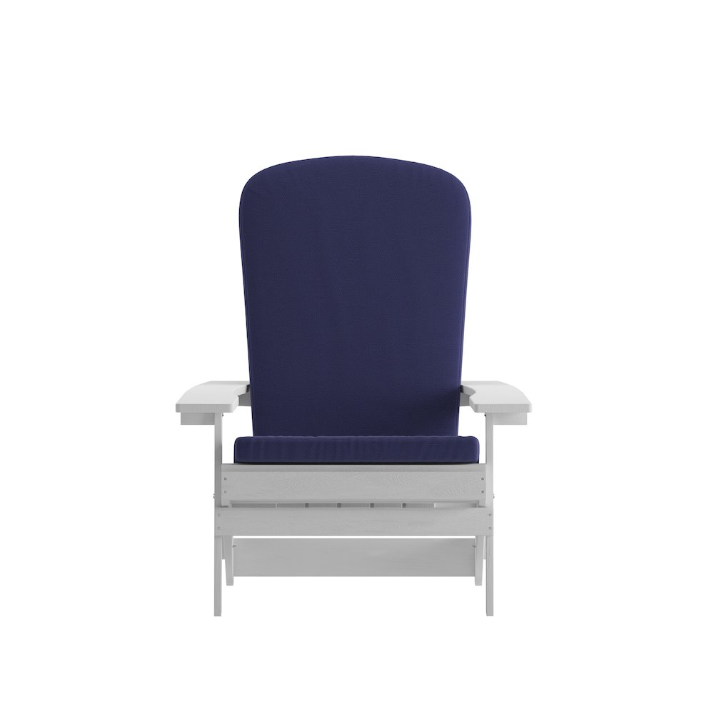Set of 2Folding Adirondack Chairs in White with Blue Cushions, Porch, and Patio