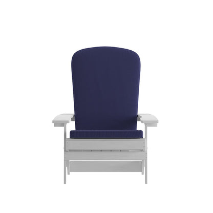 Set of 2Folding Adirondack Chairs in White with Blue Cushions, Porch, and Patio