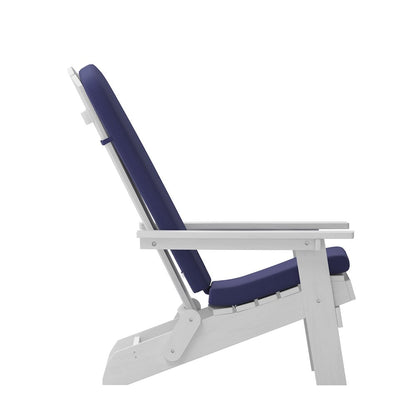 Set of 2Folding Adirondack Chairs in White with Blue Cushions, Porch, and Patio