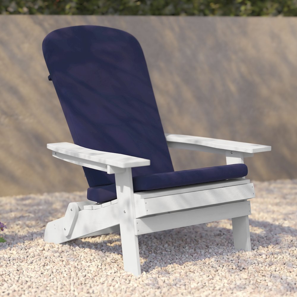 Set of 2Folding Adirondack Chairs in White with Blue Cushions, Porch, and Patio