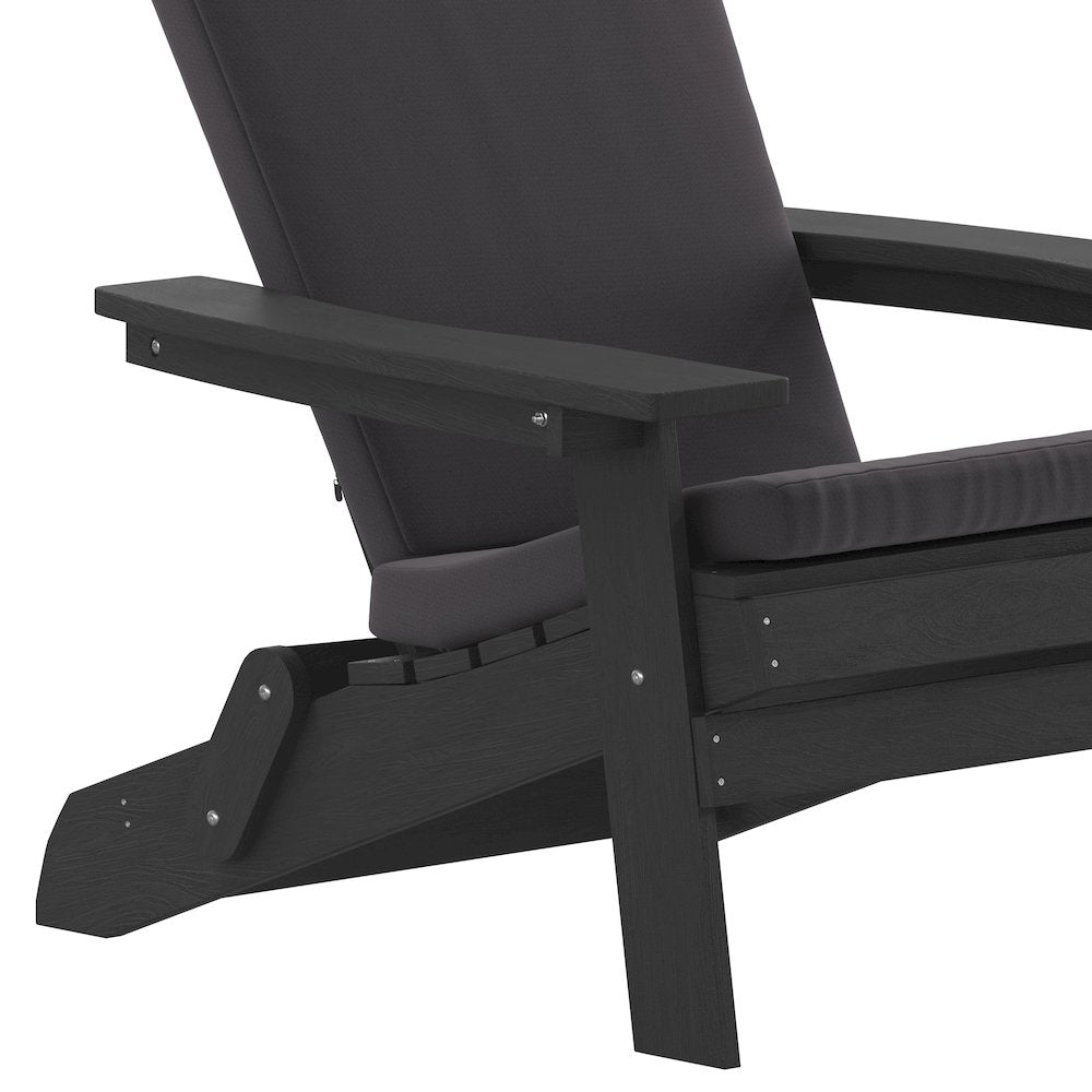 Set of 2Folding Adirondack Chairs in Black with Gray Cushions, Porch, and Patio