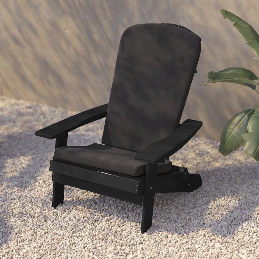 Set of 2Folding Adirondack Chairs in Black with Gray Cushions, Porch, and Patio