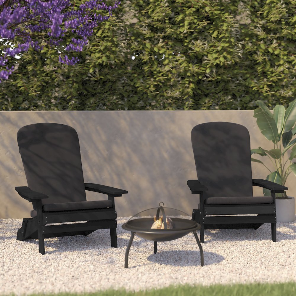 Set of 2Folding Adirondack Chairs in Black with Gray Cushions, Porch, and Patio