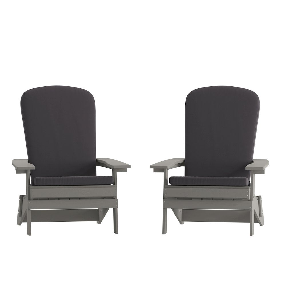 Set of 2Folding Adirondack Chairs in Gray with Gray Cushions, Porch, and Patio