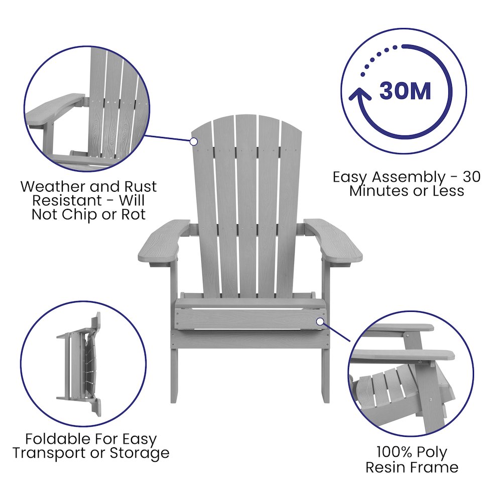 Set of 2Folding Adirondack Chairs in Gray with Gray Cushions, Porch, and Patio