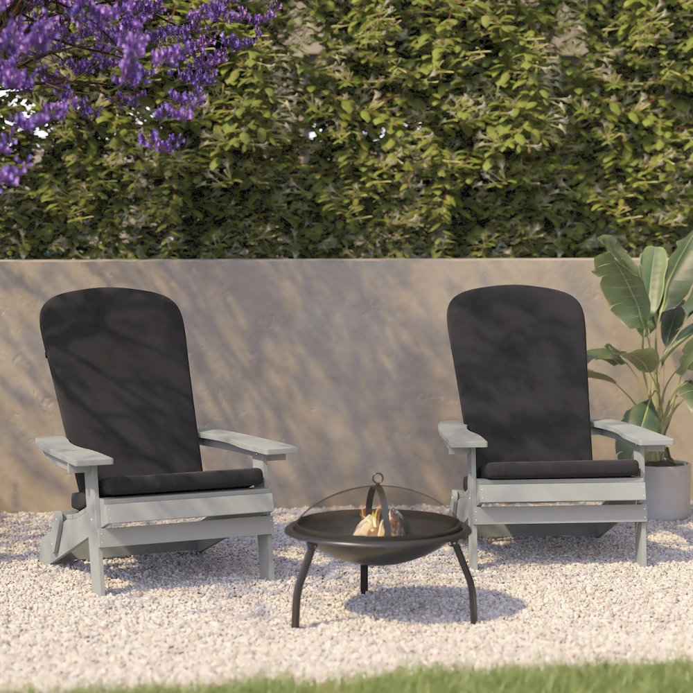 Set of 2Folding Adirondack Chairs in Gray with Gray Cushions, Porch, and Patio