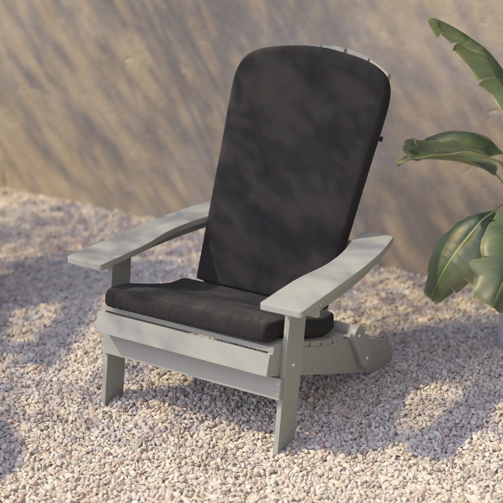 Set of 2Folding Adirondack Chairs in Gray with Gray Cushions, Porch, and Patio