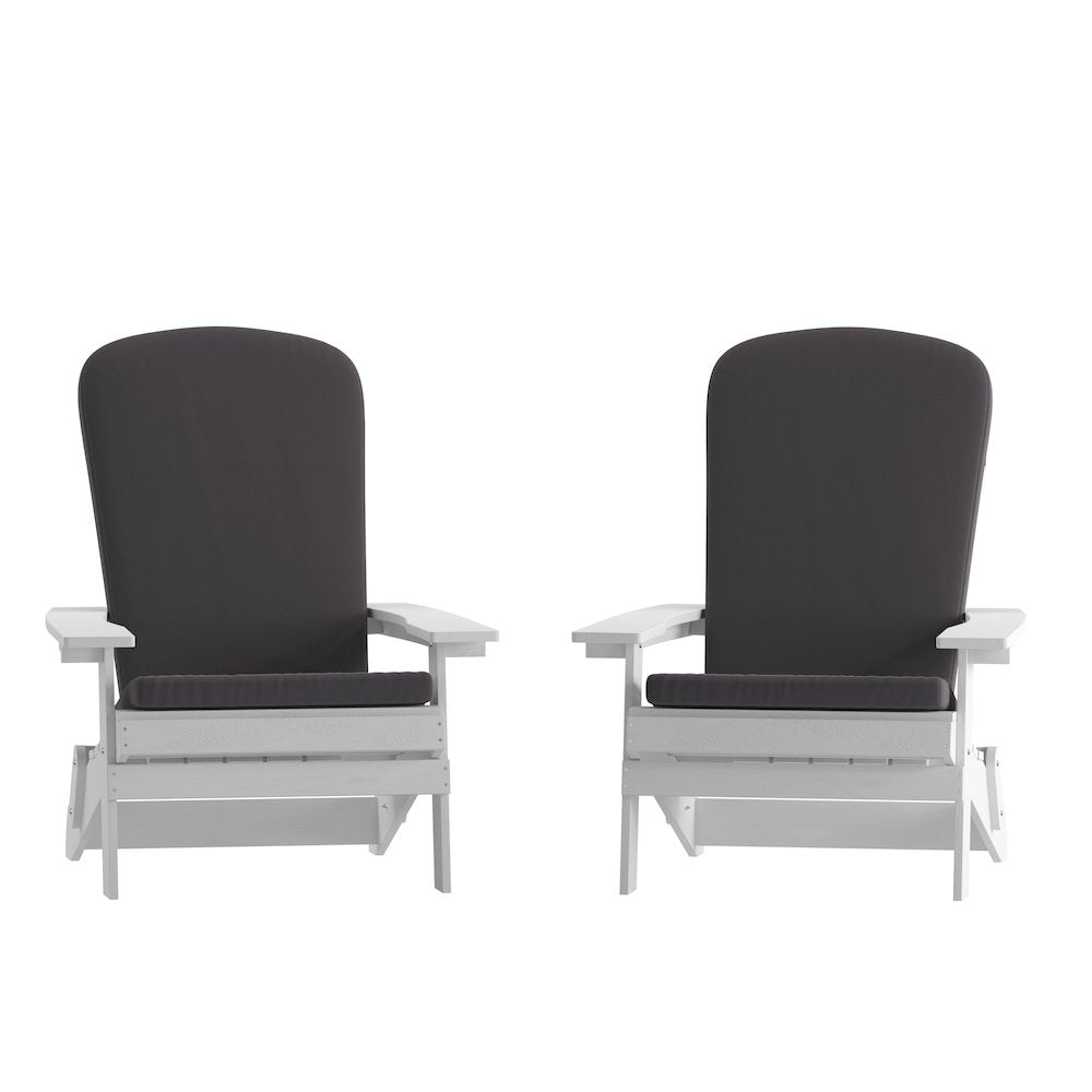 Set of 2Folding Adirondack Chairs in White with Gray Cushions, Porch, and Patio