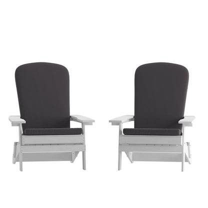 Set of 2Folding Adirondack Chairs in White with Gray Cushions, Porch, and Patio