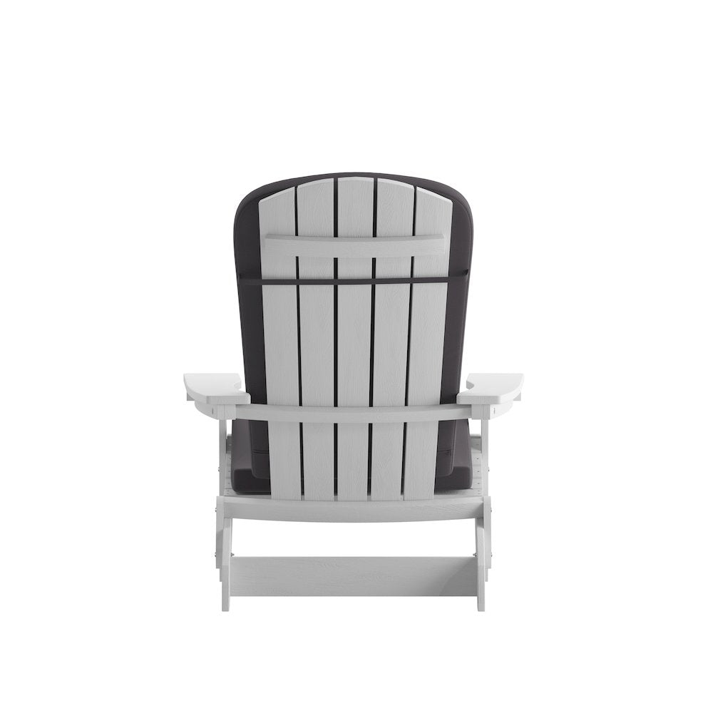 Set of 2Folding Adirondack Chairs in White with Gray Cushions, Porch, and Patio