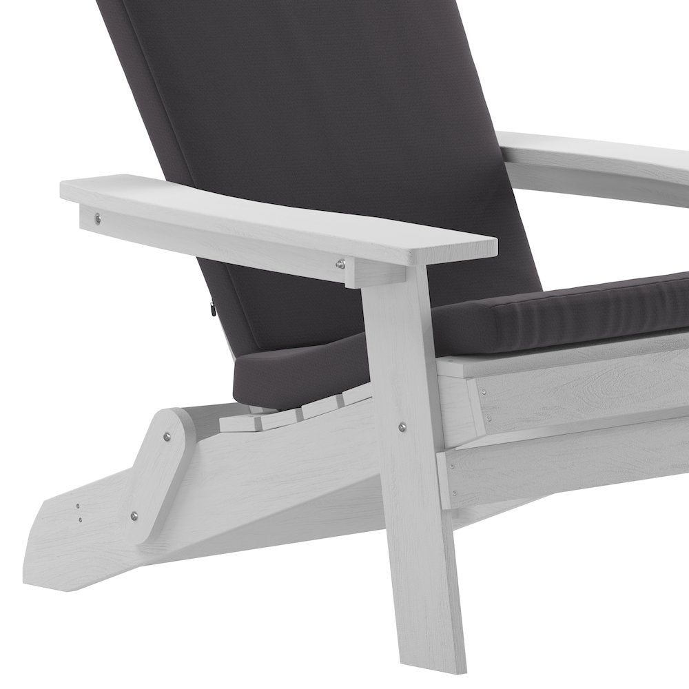 Set of 2Folding Adirondack Chairs in White with Gray Cushions, Porch, and Patio