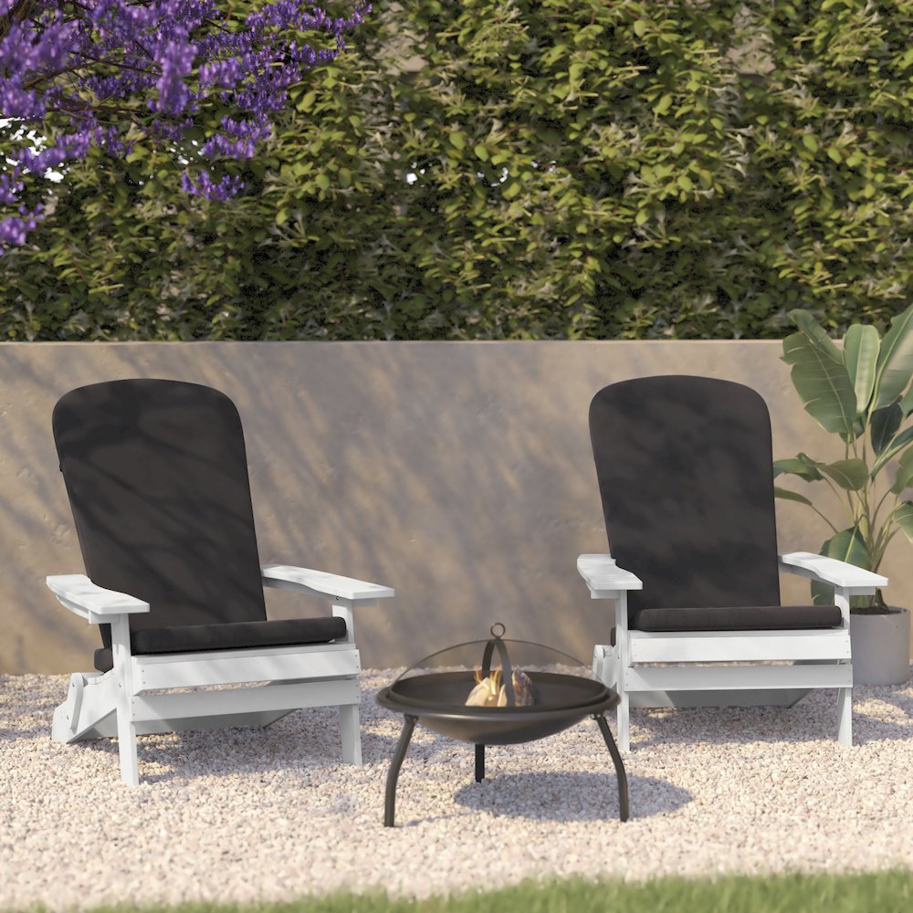 Set of 2Folding Adirondack Chairs in White with Gray Cushions, Porch, and Patio