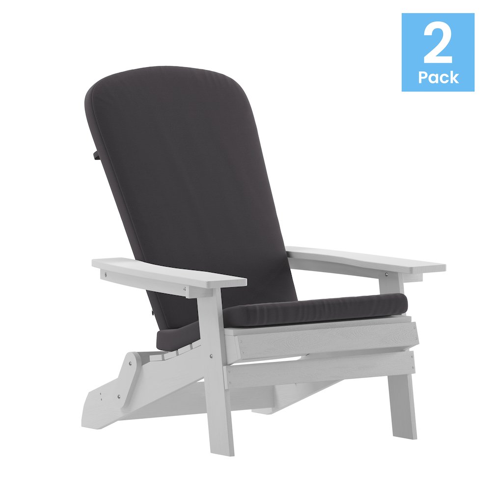 Set of 2Folding Adirondack Chairs in White with Gray Cushions, Porch, and Patio