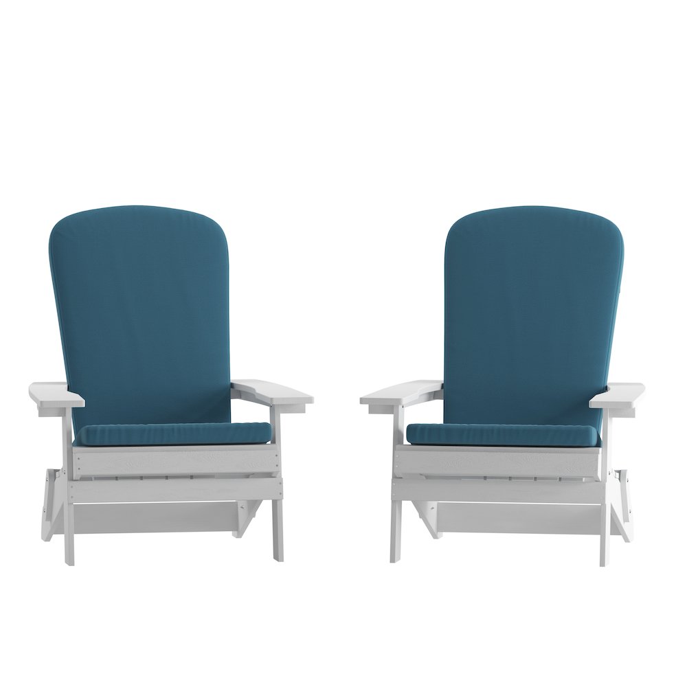 Set of 2Folding Adirondack Chairs in White with Teal Cushions, Porch, and Patio
