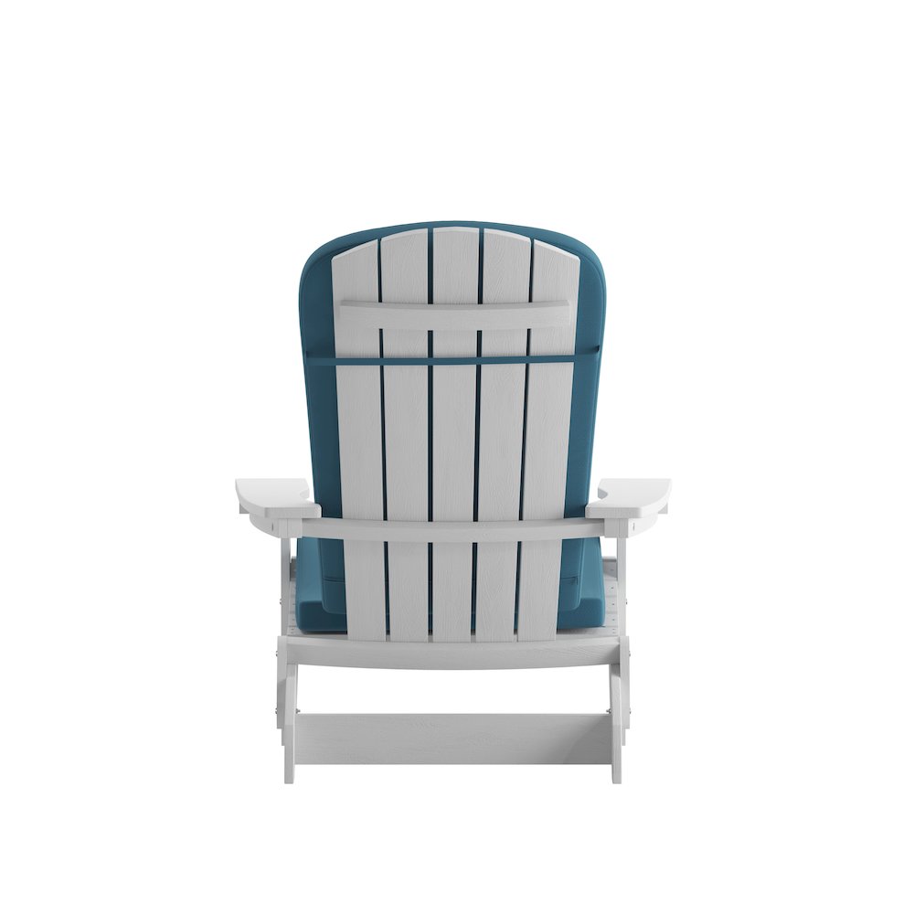 Set of 2Folding Adirondack Chairs in White with Teal Cushions, Porch, and Patio