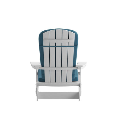 Set of 2Folding Adirondack Chairs in White with Teal Cushions, Porch, and Patio